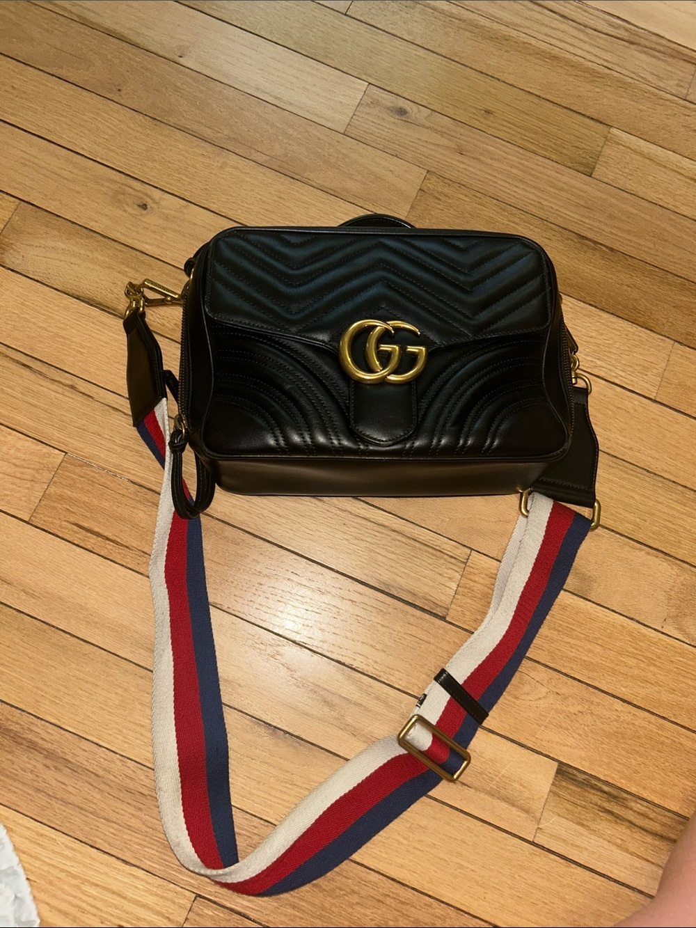 Gucci Black Quilted Leather Camera Bag with Red-White-Blue Web Strap